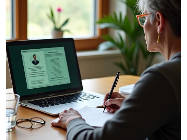 O persoană zâmbitoare, la un laptop deschis, luând notițe, într-un mediu luminos care sugerează învățare și productivitate.