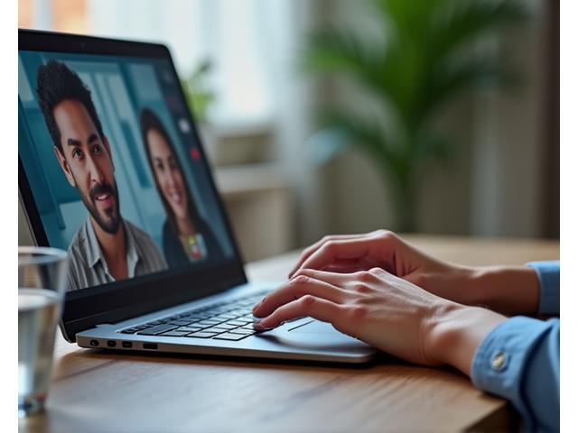 Un utilizator la un laptop, conectat la un apel video, cu o pictogramă de rețea stabilă și un ecran clar, ilustrând o experiență online fără probleme.