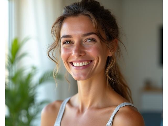 Femeie zâmbind, plină de energie, după o sesiune de exerciții scurte