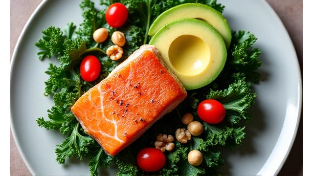 Farfurie cu alimente antiinflamatorii: somon, avocado, verdeață