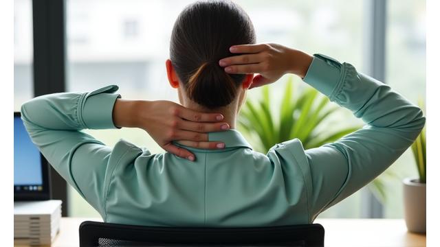 Persoană făcând exerciții de stretching la birou
