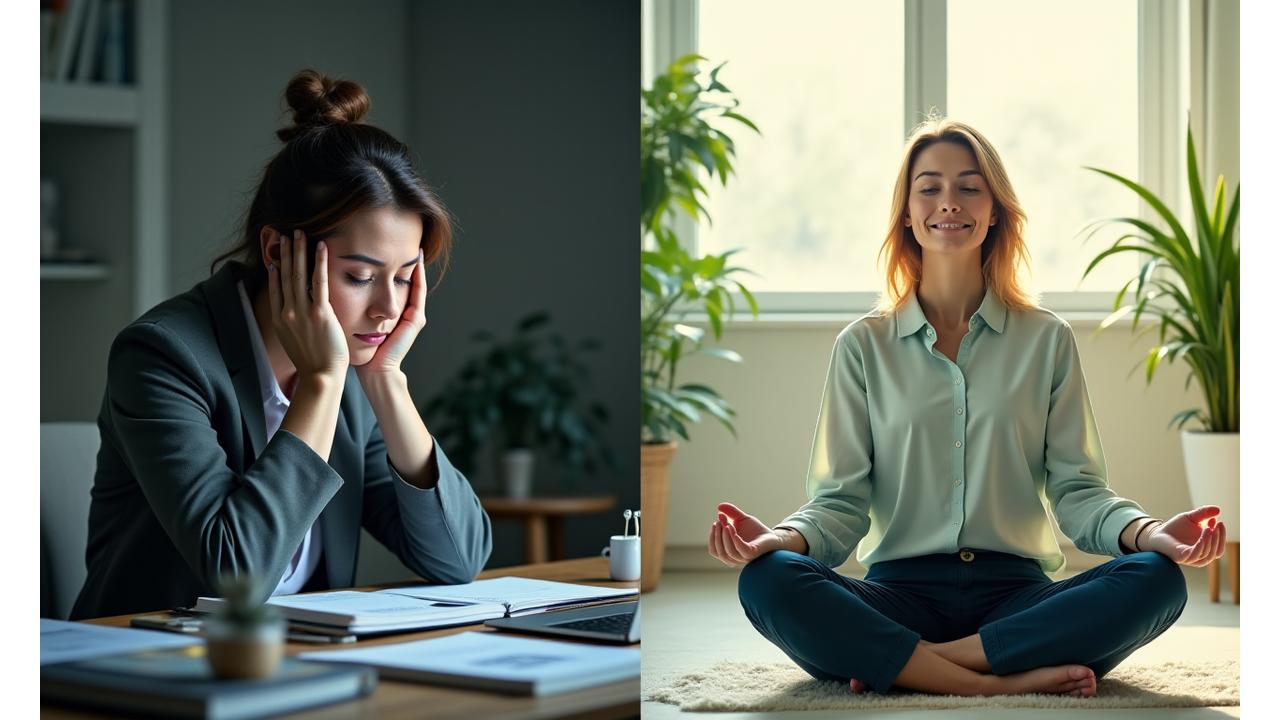 Vizualizare înainte și după transformarea stilului de viață printr-un program de coaching. Partea stângă prezintă o persoană stresată, aglomerată, iar partea dreaptă prezintă aceeași persoană calmă, echilibrată, împlinită.