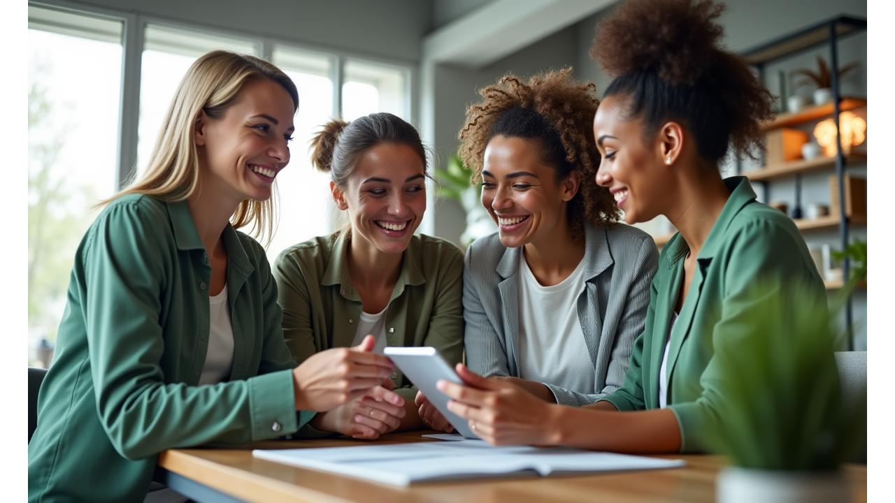 O echipă optimistă de specialiști Vigor Sempitern colaborând într-un birou modern, plin de lumină naturală, simbolizând inovația și dedicarea în wellness.