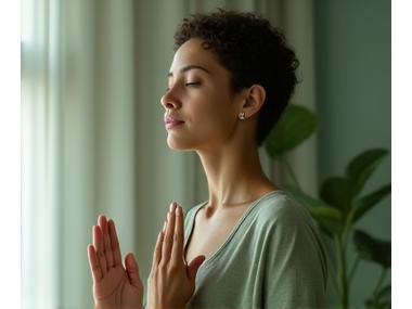 O persoană calmă, meditând într-un spațiu liniștit, simbolizând gestionarea stresului și anxietății.