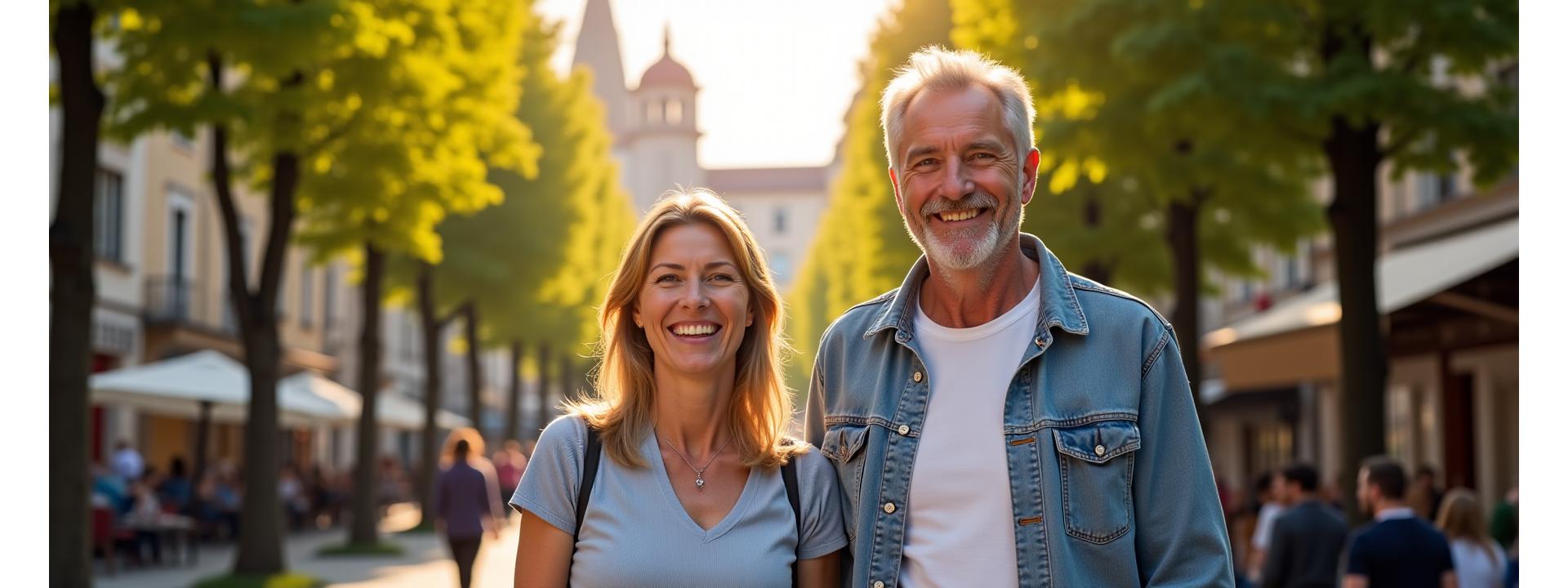 Adulți energici și împliniți plimbându-se pe o străduță plină de viață din București, simbolizând vitalitatea recâștigată după 35 de ani.